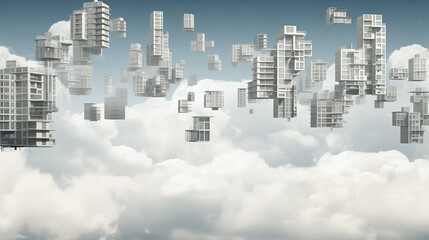 Floating Group of Buildings in the Sky. Dreamspace futuristic background.