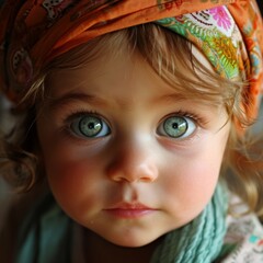 a cute little baby girl with unique big green eyes, smile