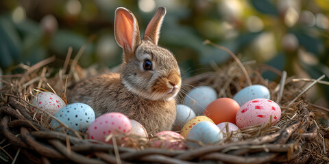 Fototapeta na wymiar Easter bunny rabbit in basket with colorful eggs. AI