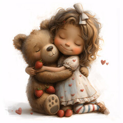 Cute girl with curly hair with a shiny bow, in a menthol T-shirt with strawberries, skirt with pockets, striped tights and shoes with clasps, hugging a big Cute Teddy bear