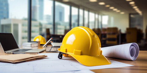 A yellow safety helmet on workplace desk, Start up plan new project contract in office center at construction site.