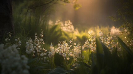 Lily of the Valley grove bathed in a soft, diffused evening glow