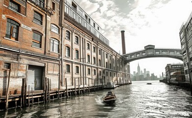 bulding on the river, black and white portrait