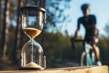 cyclist paused to gaze at hourglass with sand moving upward - obrazy, fototapety, plakaty