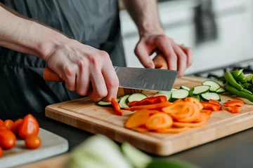 Fotobehang individual cutting vegetables on a cutting board with an oversized knife © stickerside