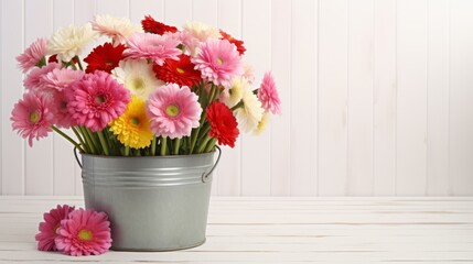 Bouquet of colorful gerbera flowers in metal bucket on white wooden background