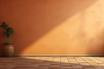 A warm terracotta wall background with a tiled floor and natural lighting. (Generative AI)