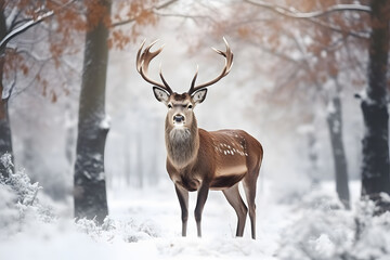  Noble deer male in winter snow forest.