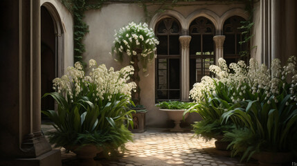 Fototapeta na wymiar Lily of the Valley in a historic courtyard with architectural elements