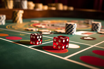  Close up of rolling dice in red on green poker table - obrazy, fototapety, plakaty