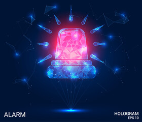 The hologram is an alarm. A flashing light made of polygons, triangles of points and lines. The alarm is a low-poly compound structure. Technology concept vector.