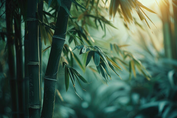 Close up of green bamboo forest background with copy space, spa and zen banner design - obrazy, fototapety, plakaty
