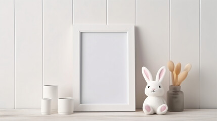 Mock up white frame with modern ceramic easter bunny