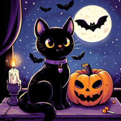 Black cat at the window with a pumpkin, Halloween