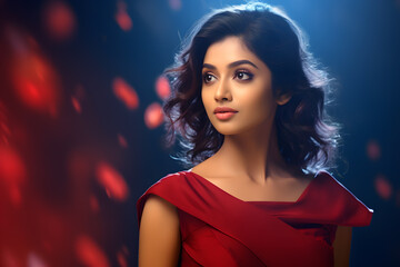 Naklejka premium girl in red dress in red blurrey background