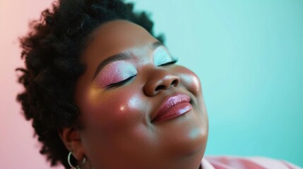 Obraz premium Stylish and confident, a plus-size woman stands out against a serene pastel color palette.