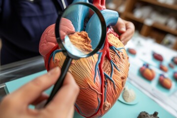 person with magnifying glass examining textures on heart model