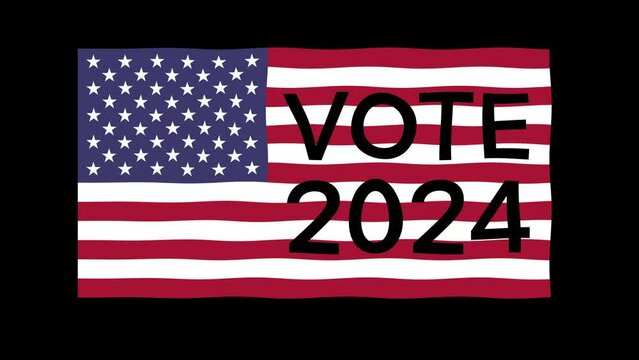 concept of the US presidential election 2024. Flag of the United States of America with the inscription VOTE 2024 with luma mask. Vfx element with luma matte, cg animation.