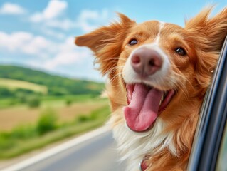 Red Border Collie Enjoys a Summer Drive.
Red Border Collie with a joyous expression on a car ride.