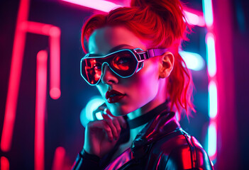 Portrait of a stylish cyber girl with bright red