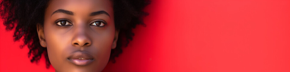 Portrait of Young Black Woman With Natural Curly Hair Against a Bright Red Background. Banner. Women’s History Month. Copy space. 