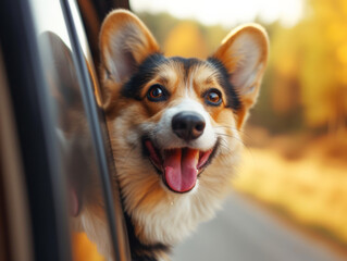 Corgi Dog Excited on Car Ride.
Smiling Corgi with tongue out feeling the breeze on a car ride.