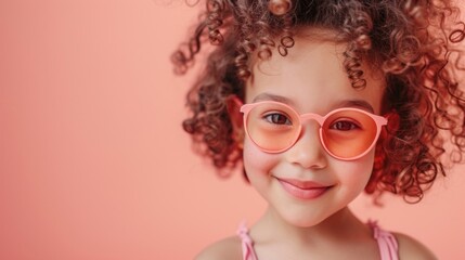 A young girl with curly hair wearing pink glasses smiling at the camera against a peach-colored background.
