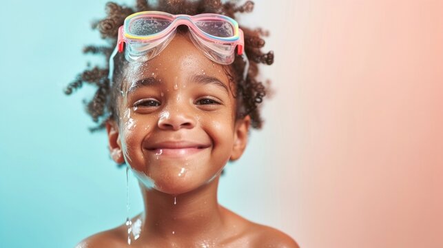 A joyful young child with curly hair wearing colorful goggles with water droplets on their face smiling against a gradient background. - Powered by Adobe