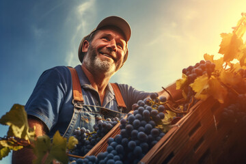 A happy farmer collecting grapes harvesting season.