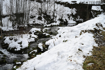 river under the snow in winter