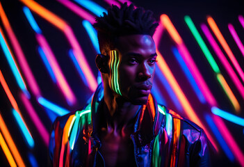 Handsome young african man with colorful neon