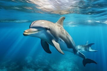 Naklejka premium : A pair of dolphins gracefully swimming in clear ocean waters, their sleek bodies visible beneath the surface.