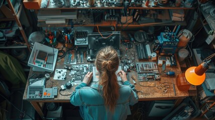 A woman sits at her desk, soldering components of a designer lamp. The desk is scattered with tools, wires, and lamp parts, highlighting the creative chaos of the design process