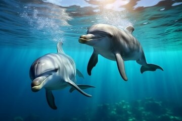 Obraz premium : A pair of dolphins gracefully swimming in clear ocean waters, their sleek bodies visible beneath the surface.