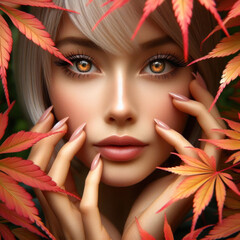 portrait of a woman with autumn leaves maple red orange