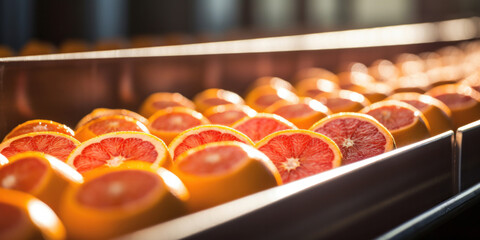 Agricultural, Row of Oranges on a conveyor belt. - obrazy, fototapety, plakaty