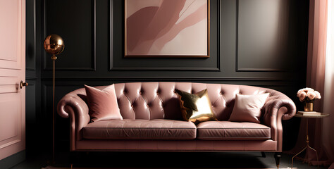 Vintage Elegance: Apartment Interior Featuring Leather Sofa, Smokey Gray, Blush Pink, and Antique Gold Tones - Romantic Ambiance