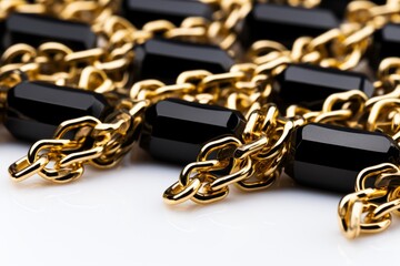 Black pendant on a golden chain on a white background close up