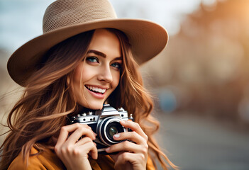 Happy young model makes photo holding camera