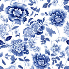 Seamless pattern of classic blue and white porcelain.