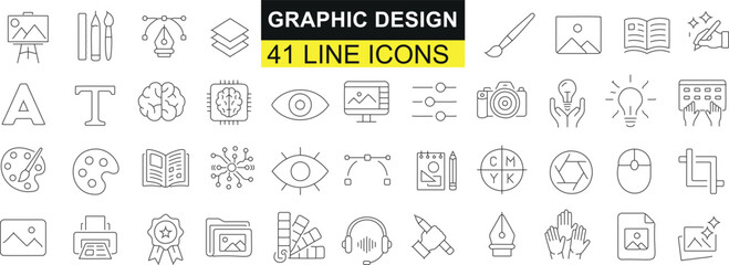 Graphic design, 41 line icons, vector illustrations, web design, app design, marketing, editable strokes, minimalist style. Icons include pen, computer, brush, color wheel, typography, grid layout