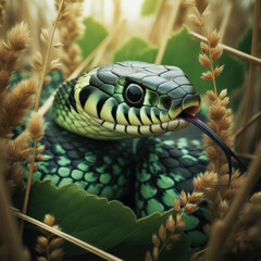 A snake in the green grass, cute with branches