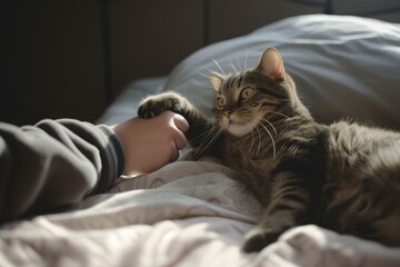 owner and cat in bed, cats paw up as owner pretends to shake hands
