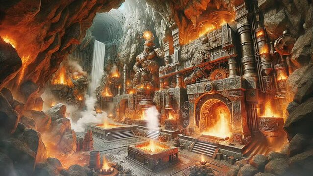 Dwarf cavern fantasy workshop, fiery forge with lava flows, intricate gears, an armored golem statue, and a waterfall, ancient, mystical metalworking.