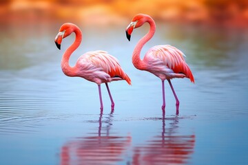 : A pair of flamingos wading in a shallow saltwater lagoon, their elegant pink plumage reflected in the still water.