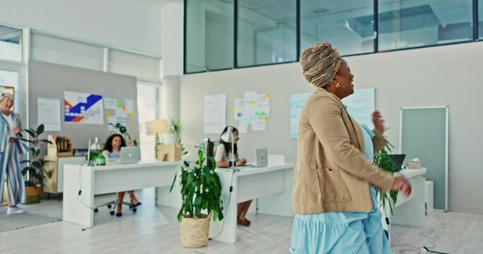 High five, dance and woman in office excited for achievement, success and win at startup. Celebration, promotion and girl at creative agency with happy energy, smile and good news in coworking space.