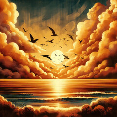 Beautiful sunset with birds and bright sun on the sea