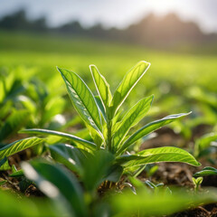 Obraz premium Close up of Green tea leaf in the morning, tea plantation. Green tea bud and leaves.