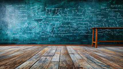 Educational concept in a school classroom with a blackboard, illustrating chalk drawings and formulas in a knowledge-rich academic setting