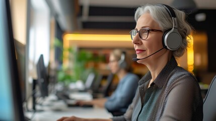 Middle aged mature woman in headphones working from call centre as customer support operator.